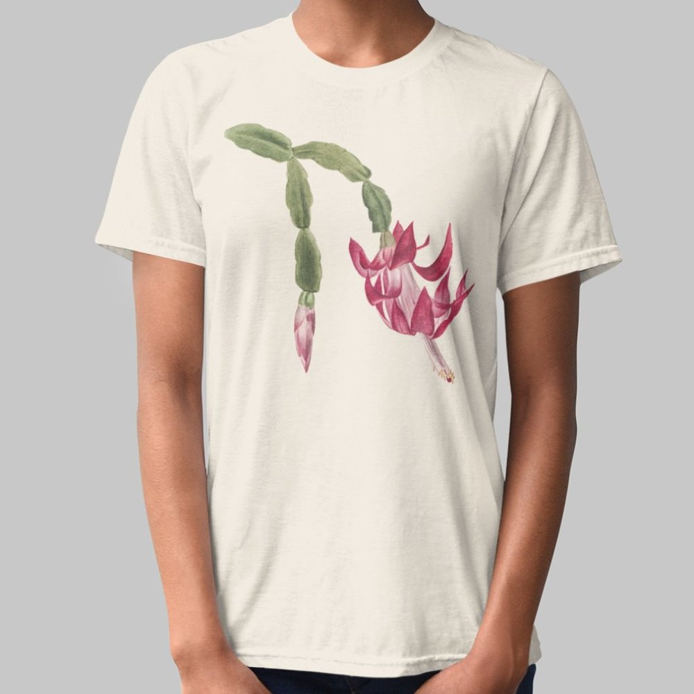 Christmas Cactus Vintage Floral Print Short Sleeve Graphic Tee T-shirt S M L XL